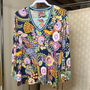 Johnny Was Los Angeles Floral Boho V-Neck Long Sleeve Top Size L